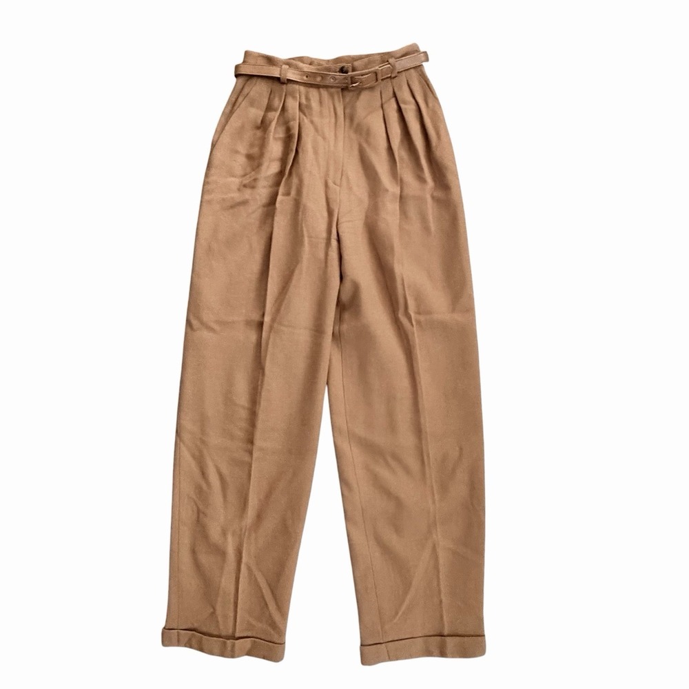 1990s Rena Rowan 6P 100% Woolmark Wool Tan Pants High Waist Wide Leg Office Core